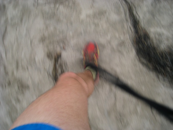 Action shot as I run through the sand towards the water!