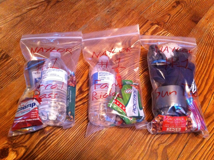 Drop bags prepped for three aid stations without crew access.